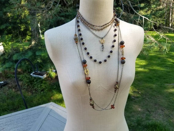 Tribal Beaded Necklace Jewelry Set #N01; Beige, Rust, and Brown Statement Necklace Set; Vintage Boho Jewelry Set; Tribal Layered Jewelry Lot