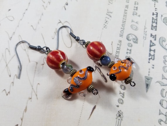 Burnt Orange Fish Drop Earrings; Lampwork Fish Beaded Dangle Earrings; Gold Fish Beaded Drop Earrings; Ceramic Dangle Earrings