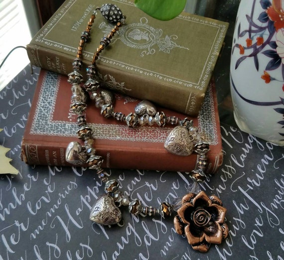 Copper Rose Pendant Heart Necklace Boho Gypsy Country Cowgirl  Valentines Gift