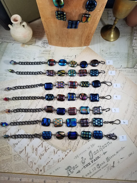 Dichronic Bead Chain Adjustable Bracelet; Dichronic Squares and Circles Bracelet; Metallic Geometric Dichronic Bracelet