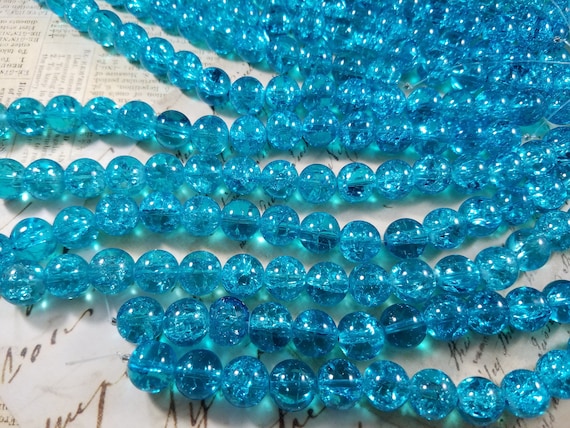 Turquoise Round Crackle Beads 12MM 7 Inch Strand; Blue Crackle Glass Beads; Round Blue Beads; Carribean Blue Beads; Icy Blue Beads