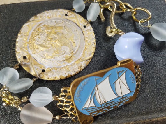 Tall Ships Bracelet; Russian Ship Art Assemblage Bracelet; Sea Glass Mariner Bracelet; Patinaed Brass and Sky Blue Sail Boat Bracelet