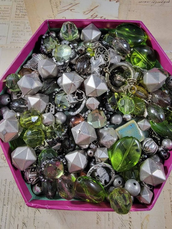 Green and Pewter Vintage Bead Soup; Bracelet Making Kit; Jungle Green Beads Set; K06