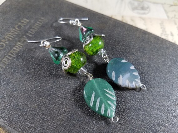 Spring Green Leaves Dangle Earrings; Teal Earthy Beaded Drop Earrings; Stone and Lampwork Glass Beaded Earrings; Tea Leave Earrings