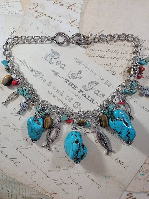 Southwestern Turquoise Christian Charm Necklace; Jesus Charm Necklace; Cowgirl Turquoise Statement Necklace; Jesus Fish Symbol Jewelry