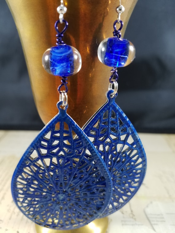 Blue Filigree Drop Earrings Large Blue Dangle Earrings Blue Boho Earrings Blue Lampwork Glass Earrings Etsy Canada