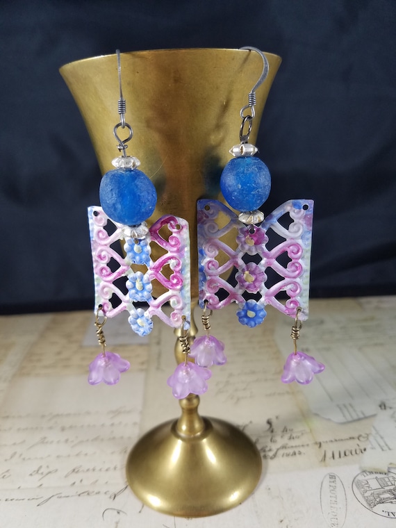 Rustic Floral Hand-Painted Tin Drop Earrings; Purple, Pink, Blue and Grey Beaded Drop Earrings; Spring Earrings; Easter Earrings