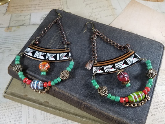 Tribal Drop Earrings of the Tribal Collection; Moroccan Style Dangle Earrings; Day of Dead Earrings; Afgani Beaded Earrings; Tin Jewelry
