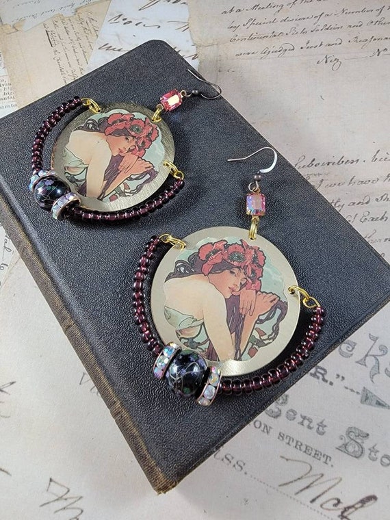 Art Decoupage Brass Dangle Earrings; Boho Chandelier Earrings; Artist Drop Earrings; Art Deco Earrings; Alfonso Mucha Art Earrings #2206