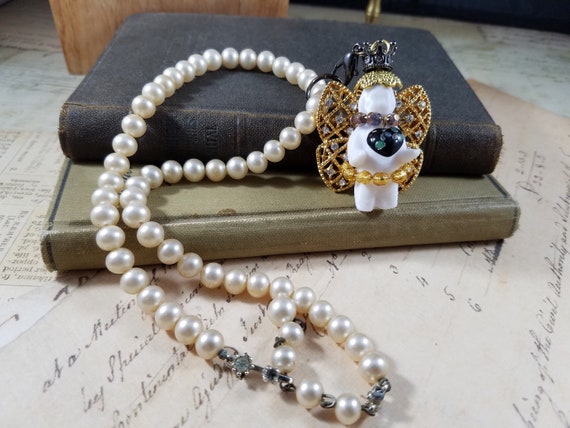Frozen Charlotte Pearl Necklace with Rhinestones; Valentine Necklace; Shabby Chic; Assemblage Jewelry; Frozen Charlotte Necklace Necklace