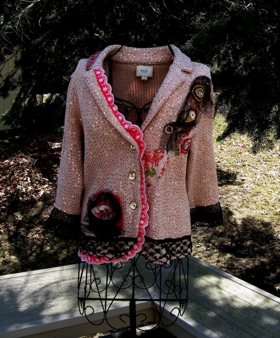 Art to Wear Sequined Sweater Jacket Gypsy Fairy Boho Romantic Shabby Chic Upcycled Vintage Blazer