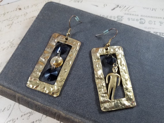 Alien Assemetrical Drop Earrings, Upcycled Assemblage Earrings, Black and Gold Alien Assemblage Earrings, Hammered Brass Rectangluar Dangle