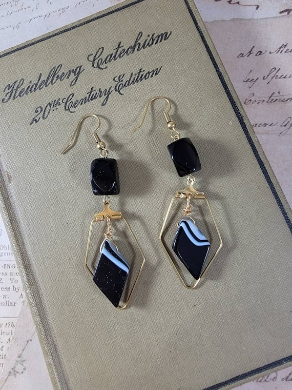 Black and White Dangle Hoop Earrings; Beaded Drop Earrings; Summer Festival Earrings; Obsidian Beaded Drop Earrings; Geometric Hoop Earrings