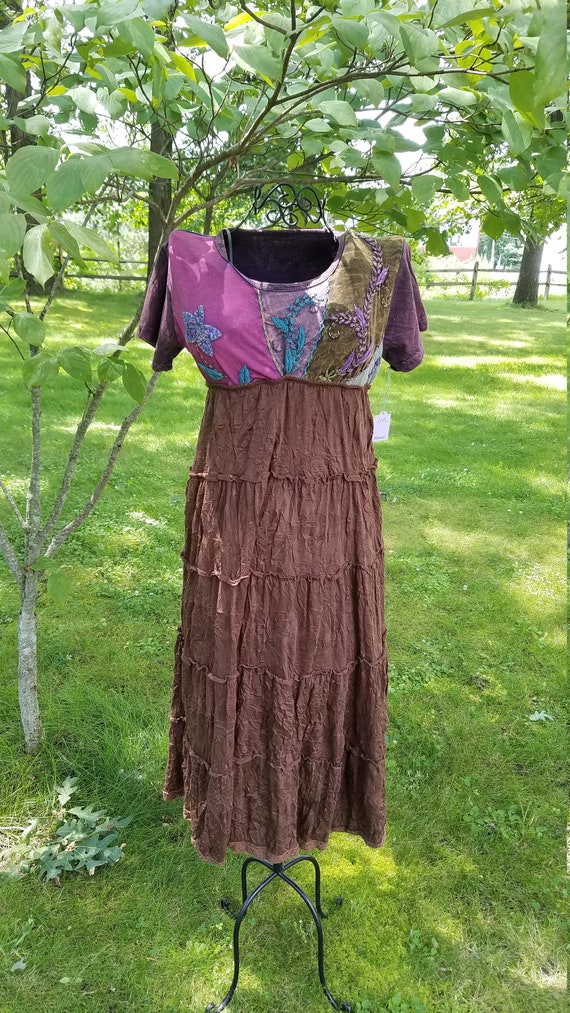 Brown and Purple Embroidered Jersey Cowgirl Boho Gypsy Dress