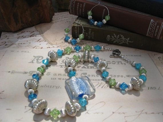 Blue Lagoon Tropical Dichronic Beaded Necklace with Matching Earrings Set