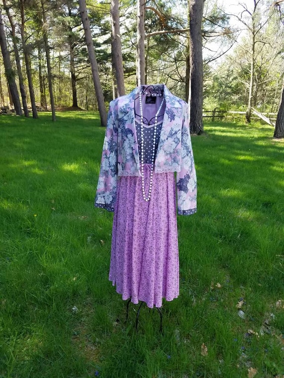 Pink and Grey Floral Bohemian Jacket and Dress Set; Upcycled Altered Couture Dress and Short Jacket; Spaghetti Strap Dress with Coat Set