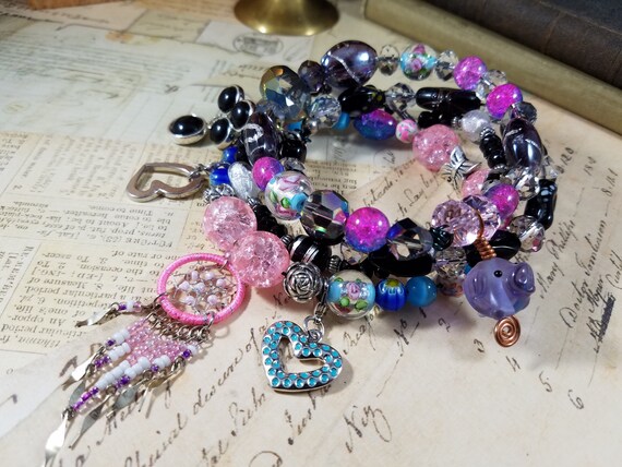 Dream Catcher Beaded  Stackable Bracelets; 5 Valentine Stackable Bracelets; Heart Bracelet Stack; Lampwork Piggy Bracelet Stack; Gypsy Stack