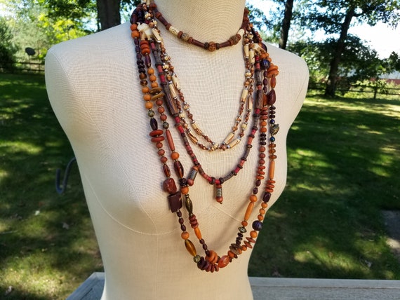 Tribal Wood and Bone Necklace Jewelry Set #B40; Rust and Brown Statement Necklace Set; Vintage Jewelry Set; Tribal Layered Jewelry Lot