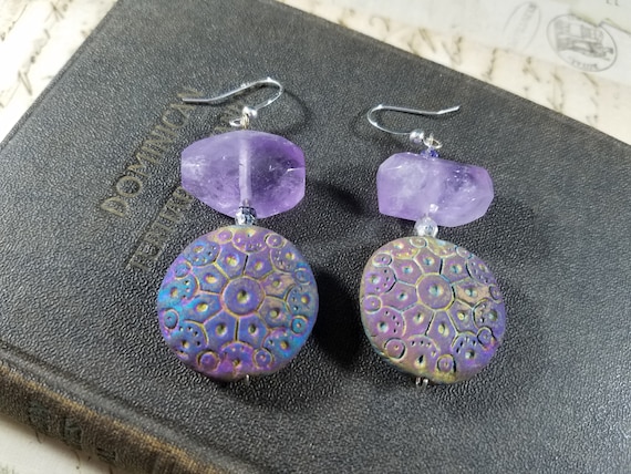 Rustic Raku Amethyst Crystal Dangle Earrings; Amethyst Beaded Drop Earrings; Raku Pottery Beaded Earrings; Spring Festival Earrings