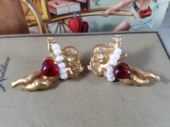 Antiqued Brass Heart Earrings; Valentine Brass & Ruby Glass Earrings; Mythology Vintage Assemblage Earrings; Cupid Earrings; Cherubs Earring