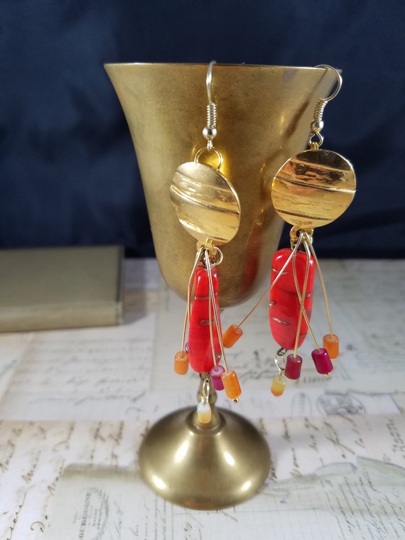 Fun Hot Colors Fashion Assemblage Earrings; Glass and Brass Vintage Estrucian Designer Fashion Earring Assemblage; Cereve Design Mark