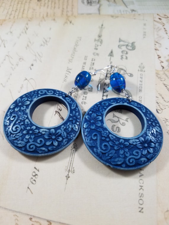 Blue Floral Hoops Drop Earrings; Large Blue Dangle Earrings; Blue Boho Earrings; Blue Lampwork Glass Earrings