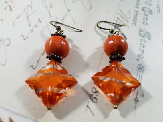 Burnt Orange Pumpkin Drop Earrings; Orange Beaded Dangle Earrings; Artisan Rustic Beaded Drop Earrings; Ceramic Dangle Earrings