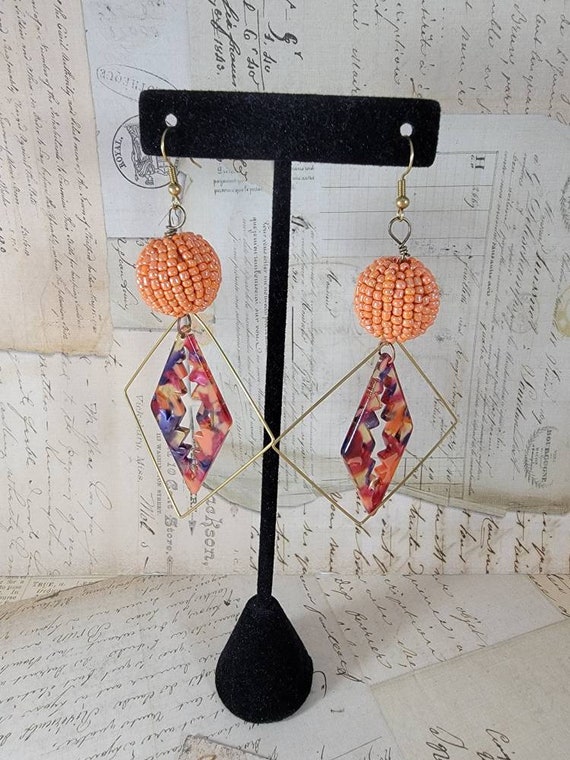 Autumn Long Dangle Hoop Earrings; Orange Beaded Drop Earrings; Acetate Native Ametican Inspired Beaded Earrings; Fall Festival Earrings