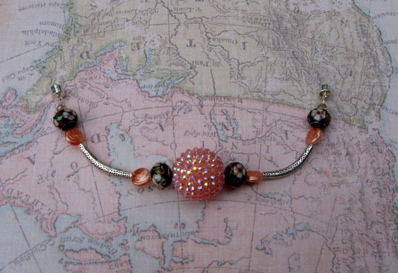 Peach Aurora Borialis Beaded Bracelet with Mother of Pearl, Cloisionne