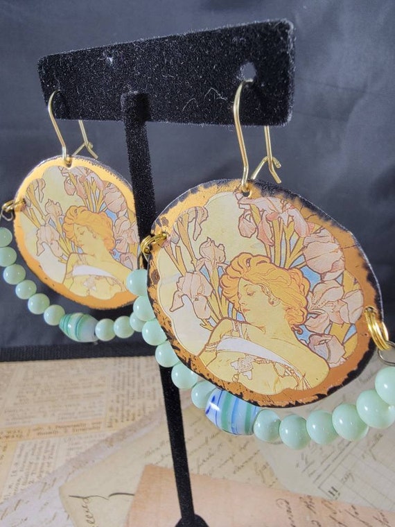 Vintage Decoupage Tin Dangle Earrings; Boho Chandelier Earrings; Artist Drop Earrings; Pastel Art Deco Earrings; Pretty Lady Earrings