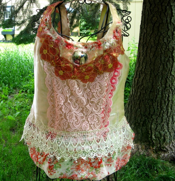 Old World Charm romantic feminine top with vintage lace, applique and bead embroidery