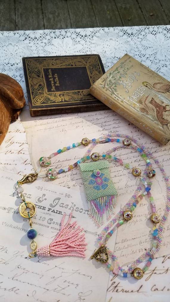 Beaded Medicine Bag and Tassel Pendant Necklace Set