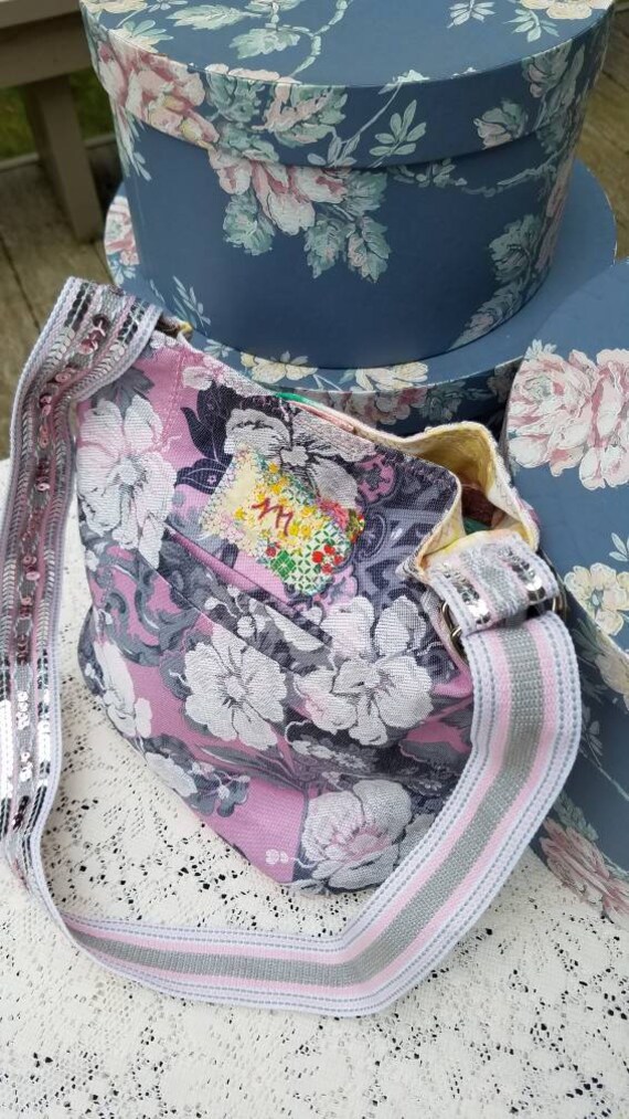 Pink Floral Festival Bag, Upcycled Grey and Pink Small Shoulder Handbag, Boho Purse, Gypsy Bag, Hippie Market Bag