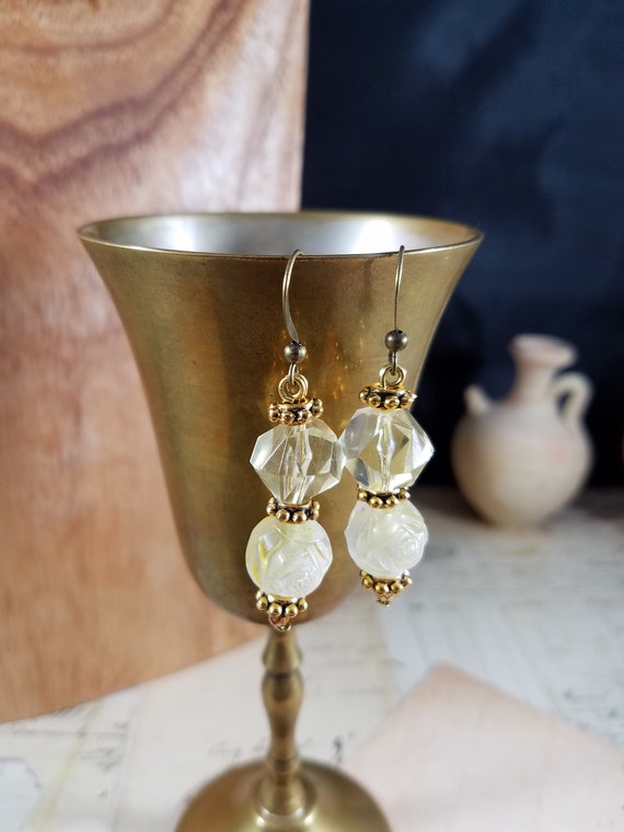 Lucite Yellow Rose Dangle Earrings; Shabby Translucent Yellow  Drop Earrings; Floral Earrings; Rose Earrings; Faux Citrene Earrings