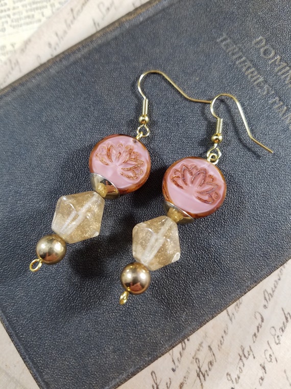 Desert Rose Pink and Gold Floral Drop Earrings; Pink Lotus Boho Earrings; Czech Glass Flower Earrings; Pink and Champagne Drop Earrings