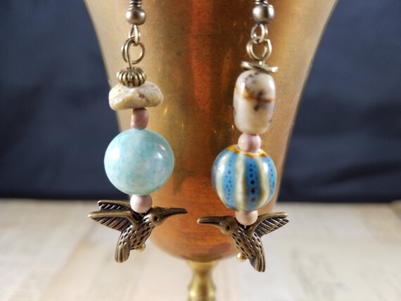 Aqua Blue Hummingbird Drop Earrings; Aqua Beaded Dangle Earrings; Artisan Assemetric Beaded Drop Earrings; Ceramic Dangle Bird Earrings