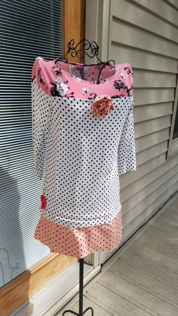 Shabby Chic Pink and White Polka Dots Tunic or Short Gypsy Dress, Pink Valentine Roses Top