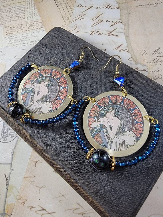 Art Decoupage Brass Dangle Earrings; Boho Chandelier Earrings; Artist Drop Earrings; Art Deco Earrings; Alfonso Mucha Art Earrings #2205