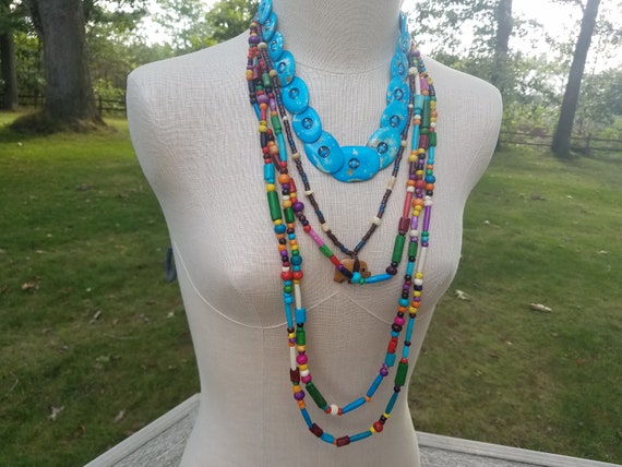 Colorful Tribal Bone Necklace Jewelry Set #B43; Multicolor Boho Statement Necklace Set; Vintage Jewelry Set; Tribal Layered Jewelry Lot