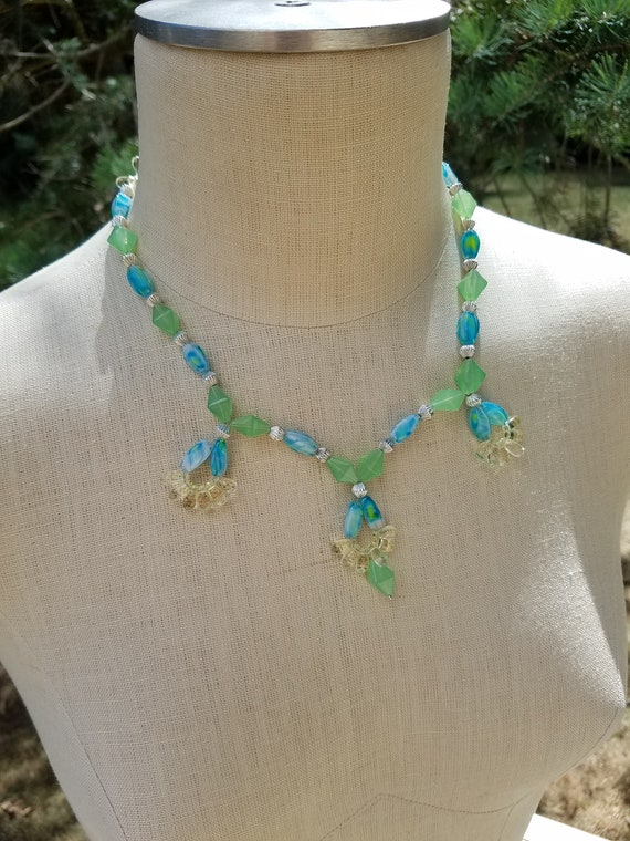 Dewy Tropical Rain Beaded Necklace; Carribean Blue Beaded Necklace; Beach Jewelry; Bohemian Aqua and Silver Necklace; Lampworked Beads