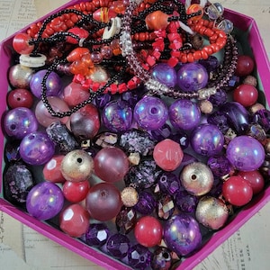 Red Purple Gold Beads Jewelry Making Set; Bead Soup; Mixed Beads; Curated Set of Beads; Vintage Beads and Bracelets; Earring Making Set #K01