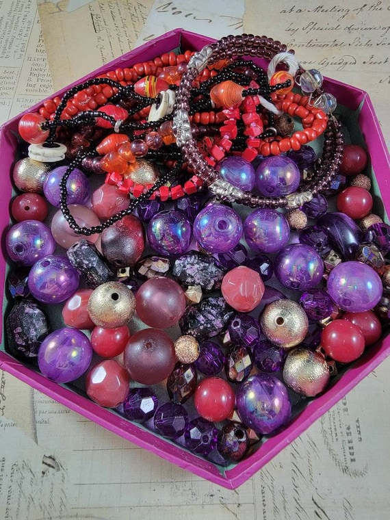 Red Purple Gold Beads Jewelry Making Set; Bead Soup; Mixed Beads; Curated Set of Beads; Vintage Beads and Bracelets; Earring Making Set #K01