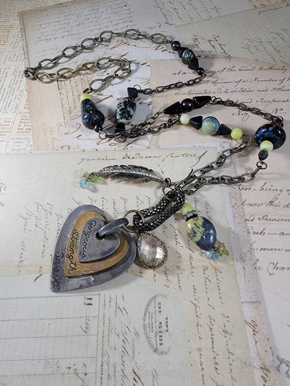 Mossy Greens Mixed Metal Art Assemblage Necklace; Mixed Media Organic Green Black and Copper and Pewter Heart Pendant; Semiprecious Stones