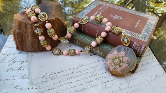 Autumn Blooms Beaded Necklace with antiqued brass beads, rose charm and geode stone pendant for Gypsy, Boho, Shabby Chic