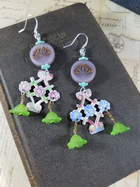 Pastel Rustic Floral Hand-Painted Tin Drop Earrings; White, Purple, Blue and Green Beaded Drop Earrings; Spring Earrings; Easter Earrings