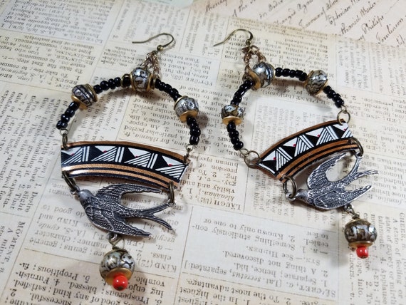 Tribal Drop Earrings of the Tribal Collection; Moroccan Style Dangle Earrings; Barn Swallow Earrings; Afgani Beaded Earrings; Tin Jewelry
