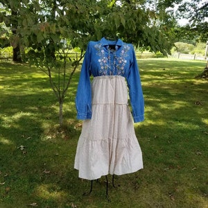 Blue Chambray and Cream Embroidered Dress; Upcycled Clothing Dress; Boho Dress; Shabby Chic Dress