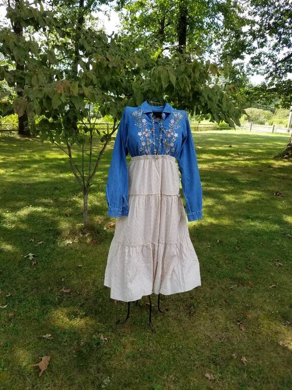 Blue Chambray and Cream Embroidered Dress; Upcycled Clothing Dress; Boho Dress; Shabby Chic Dress
