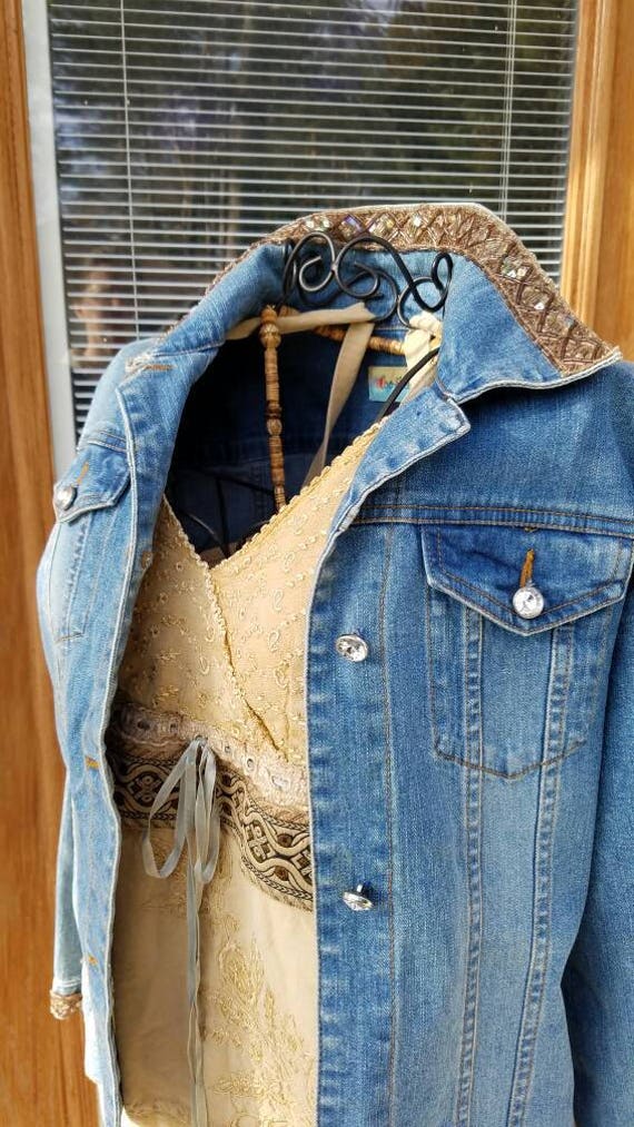 Shabby Chic Gypsy Cowgirl Jeans Jacket with beaded trims