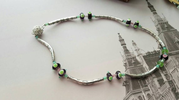Aqua and Black Lampwork Glass Beaded Necklace with Tribal Tube Beads and Crystal